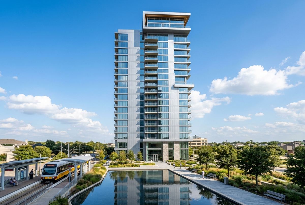 Luxury residential tower near Galatyn Park station in Richardson, Texas