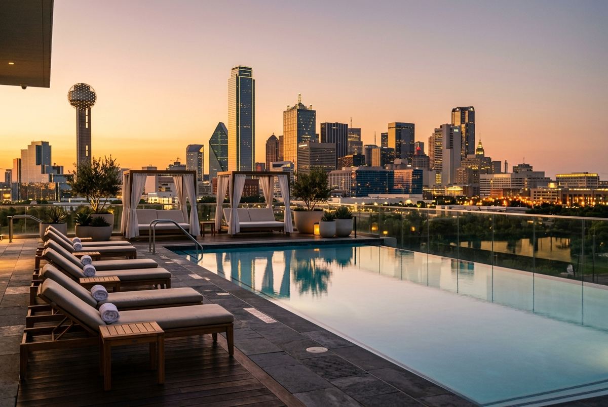 Rooftop infinity pool at a Dallas luxury high-rise with downtown skyline view