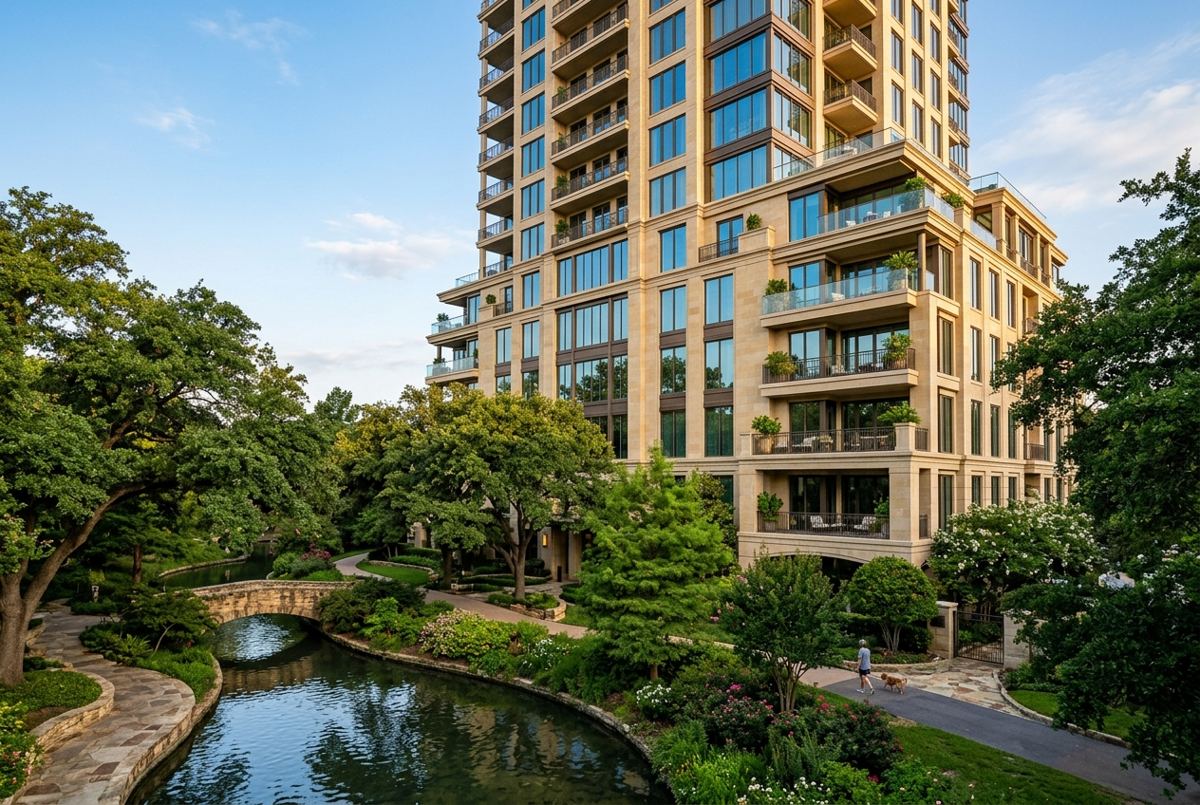 Luxury apartment tower along Turtle Creek in Dallas