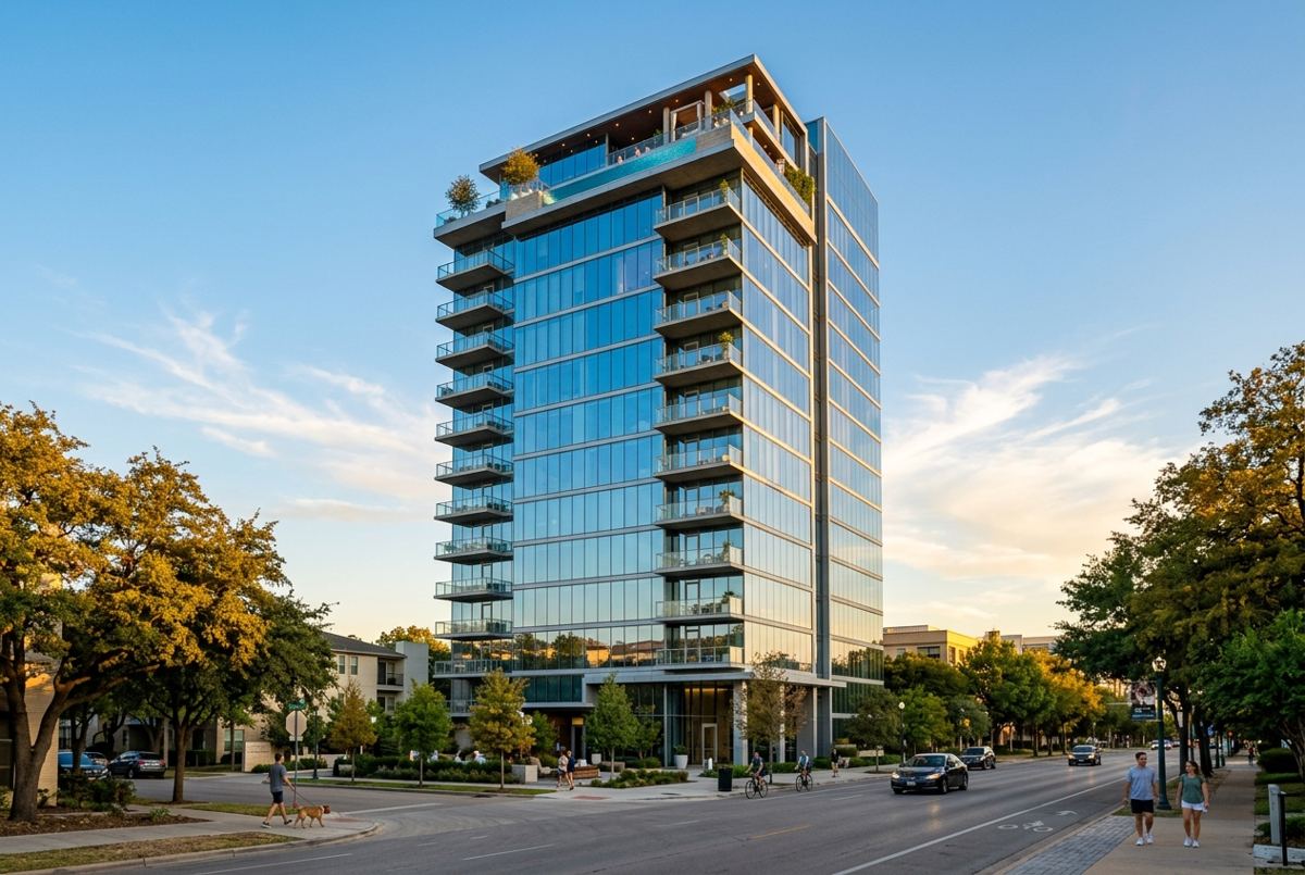 Luxury glass high-rise apartment tower in Uptown Dallas