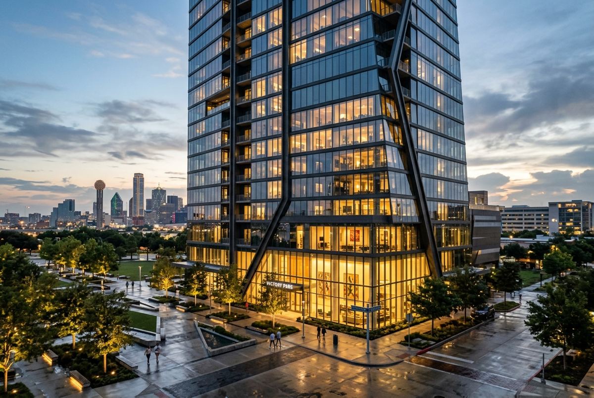 Modern luxury high-rise in Victory Park, Dallas at dusk