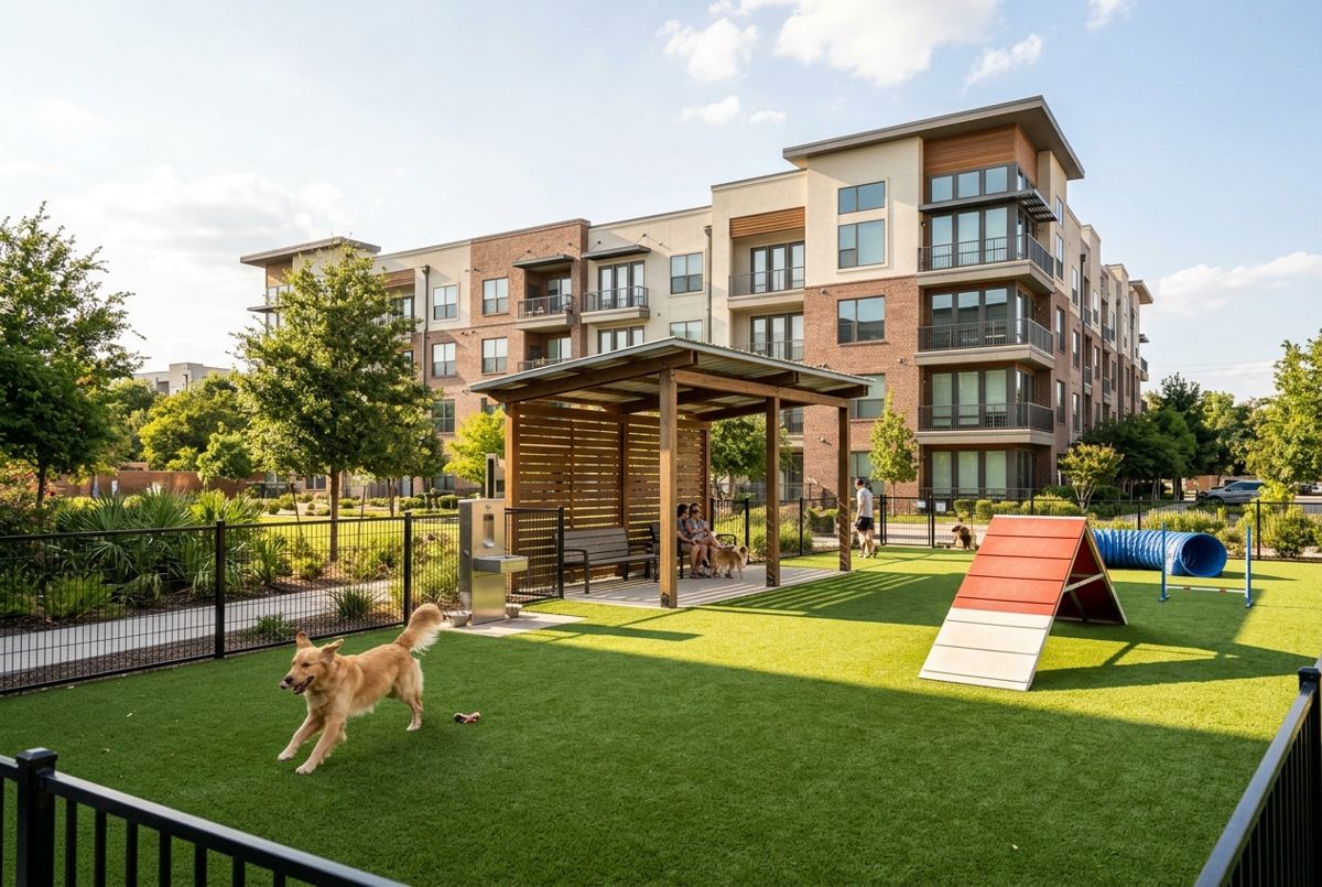 Apartment community dog park with turf and agility equipment in Dallas