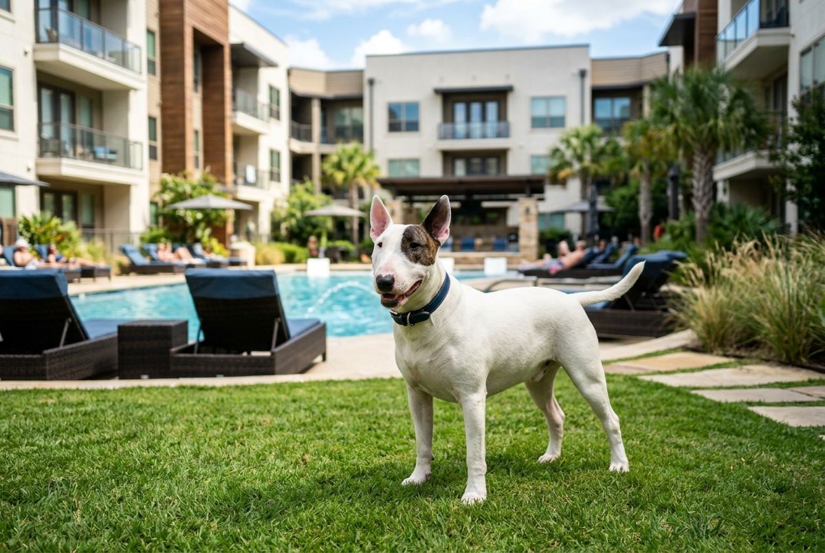 Bull Terrier standing in a pet-friendly apartment courtyard in Dallas