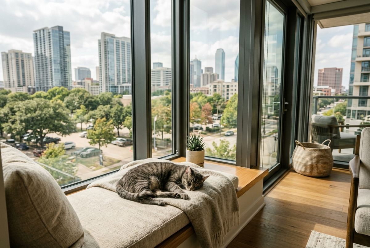 Cat lounging in a sunny window seat of a Dallas apartment