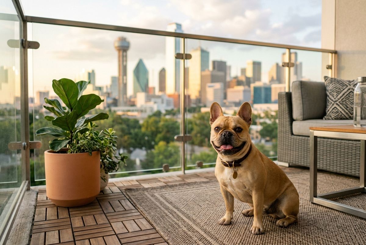 French Bulldog sitting on a Dallas apartment balcony with skyline view