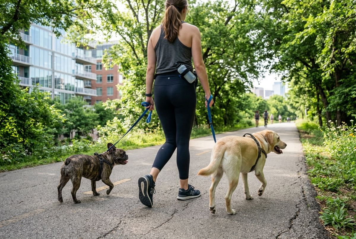 Owner walking a French Bulldog and Labrador on the Katy Trail in Dallas