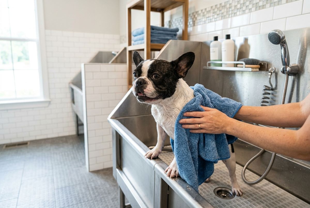 French Bulldog being toweled off at an apartment pet wash station